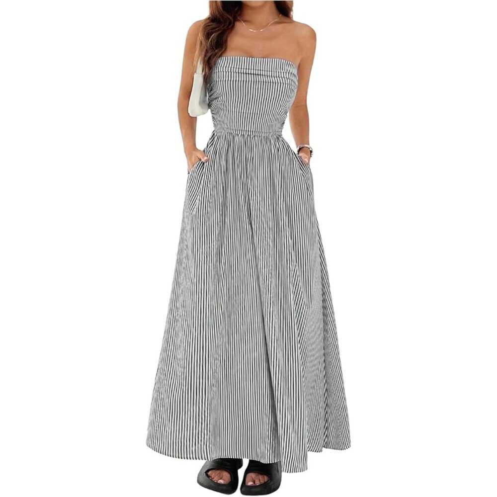 Women's Black And White Strapless Maxi Dress Summer Tube Top Long With Pocket
